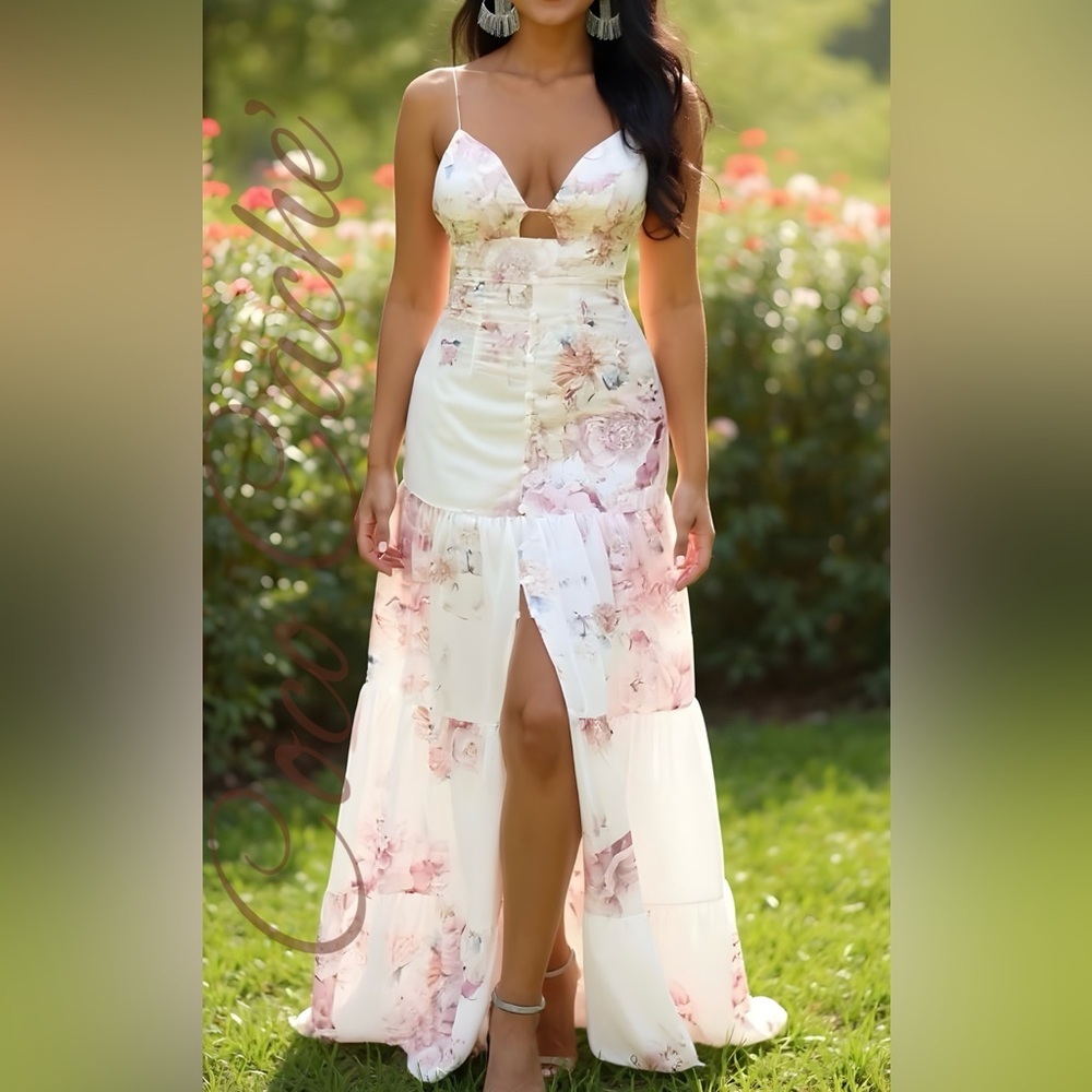 Classy Floral Backless Sleeveless Spaghetti Straps Ruffle Hem Summer Maxi Dress
